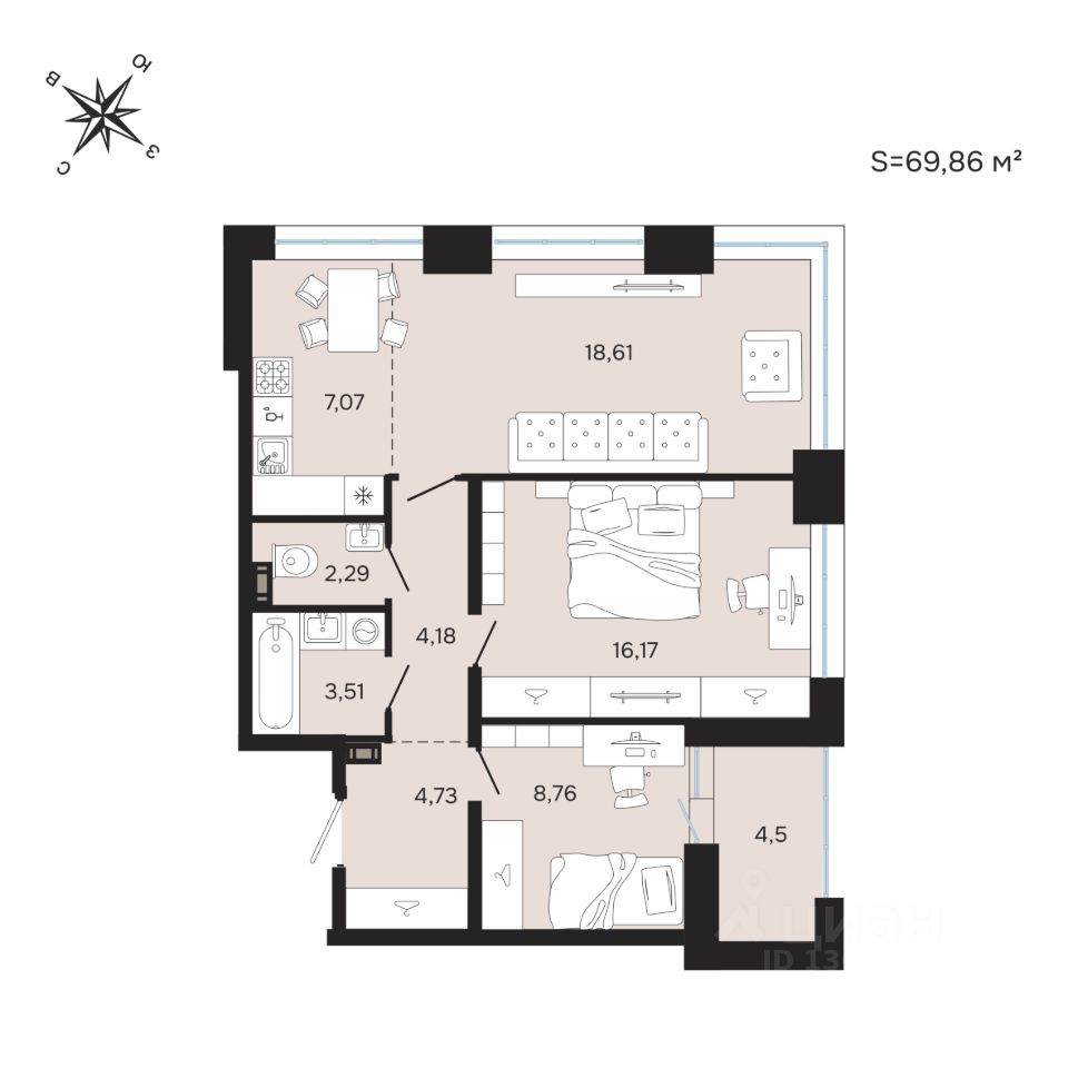 3-комн.кв., 69,9 м², 2/25 этаж