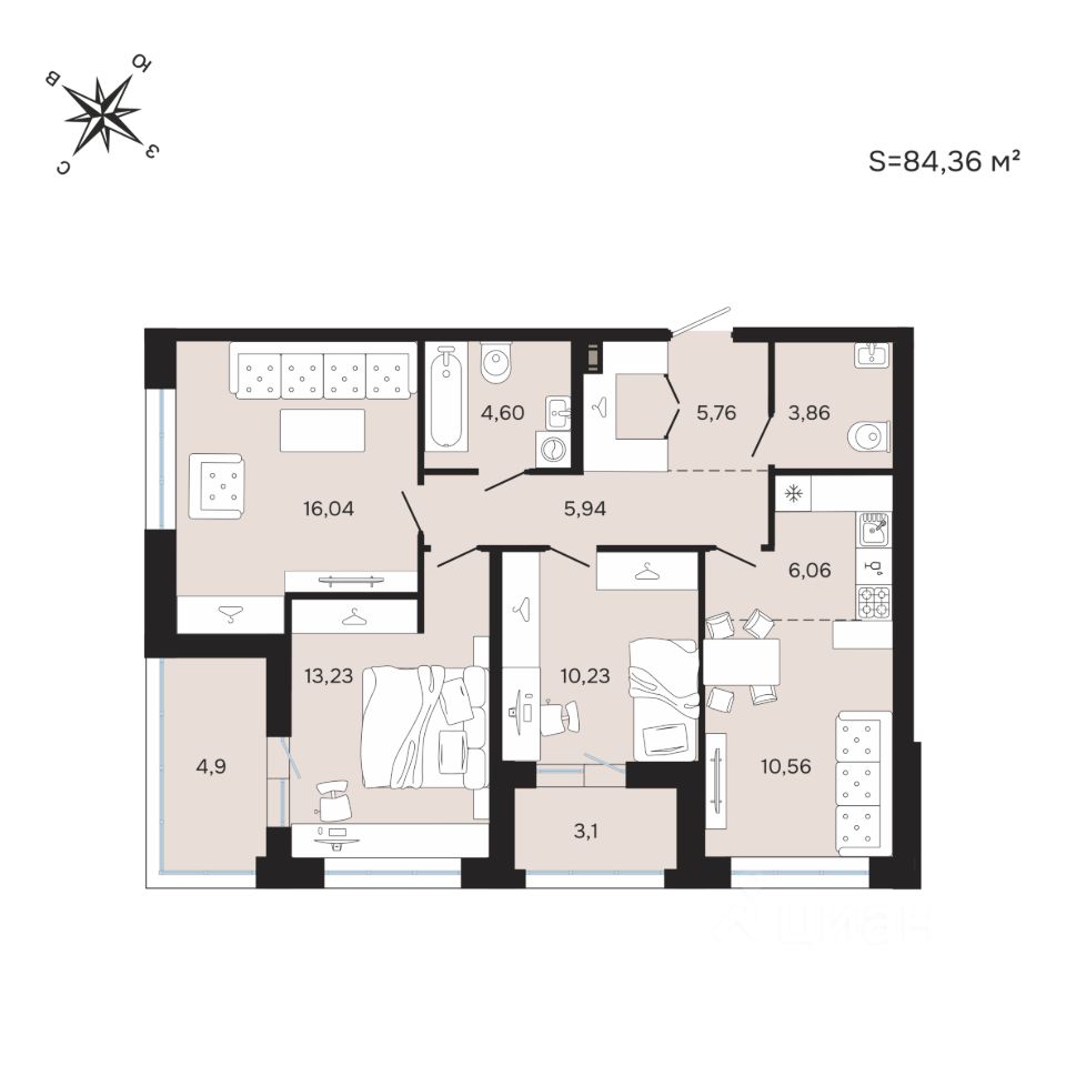 3-комн.кв., 84,4 м², 3/25 этаж