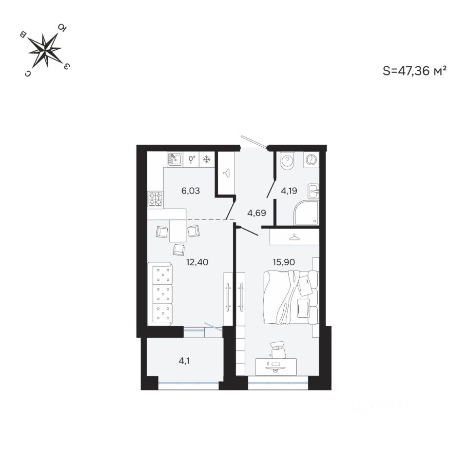 2-комн.кв., 47,4 м², 3/25 этаж