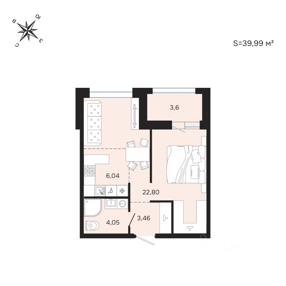 1-комн.кв., 40 м², 4/25 этаж