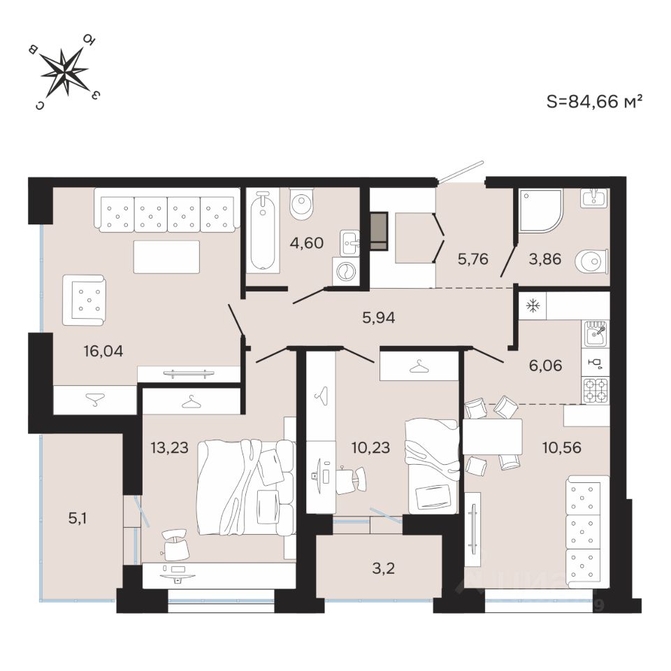 3-комн.кв., 84,7 м², 5/25 этаж