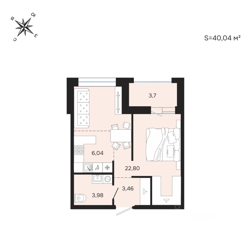 1-комн.кв., 40 м², 5/25 этаж