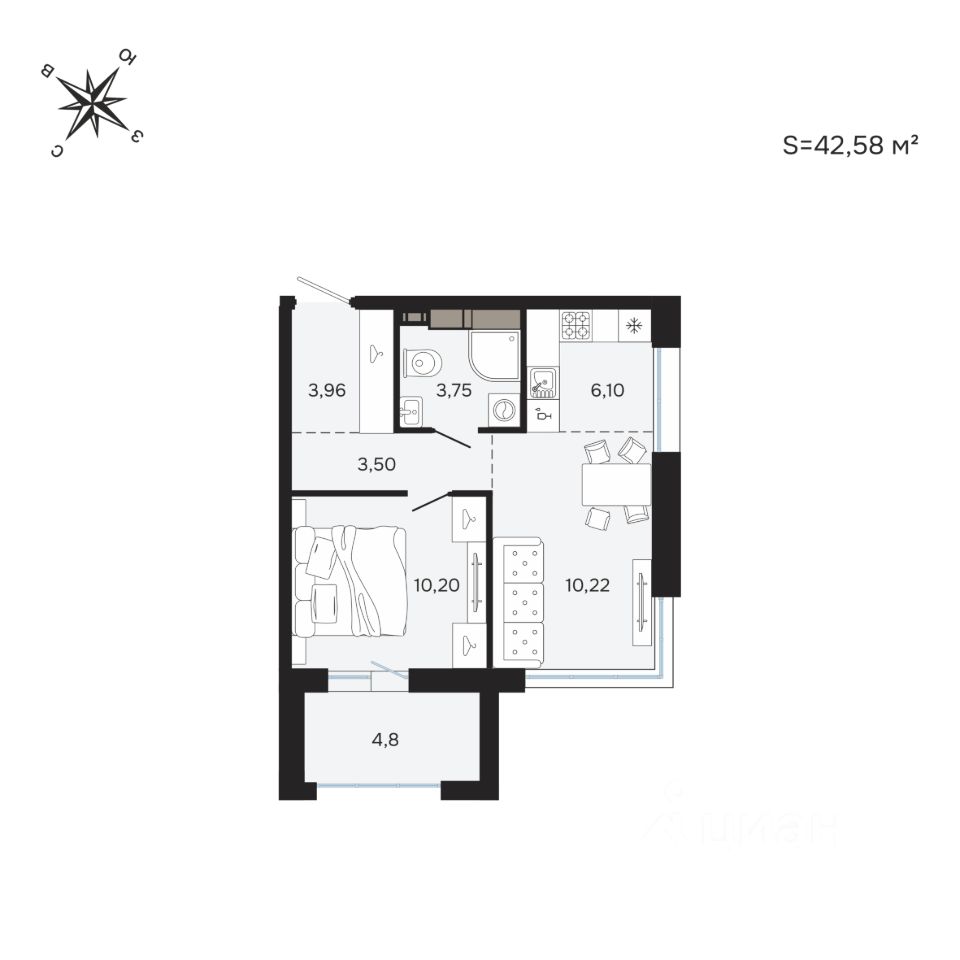 2-комн.кв., 42,6 м², 8/25 этаж