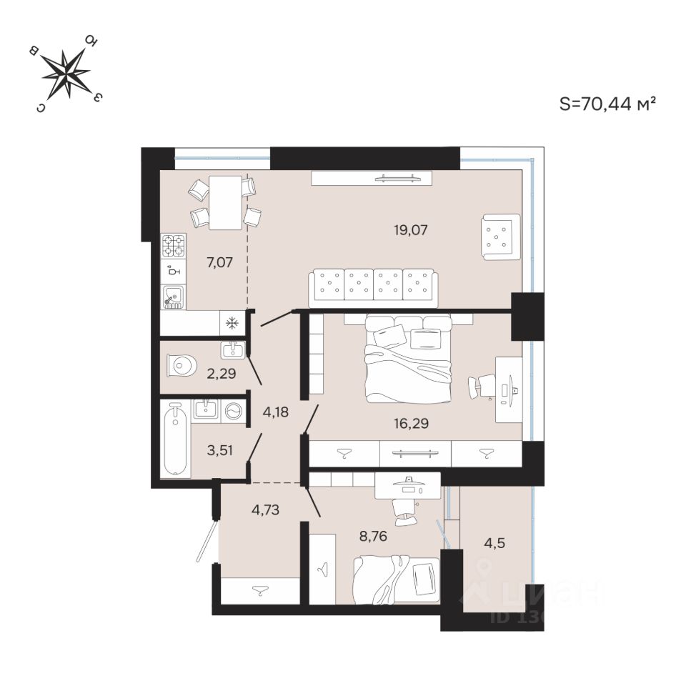 2-комн.кв., 70,4 м², 20/25 этаж