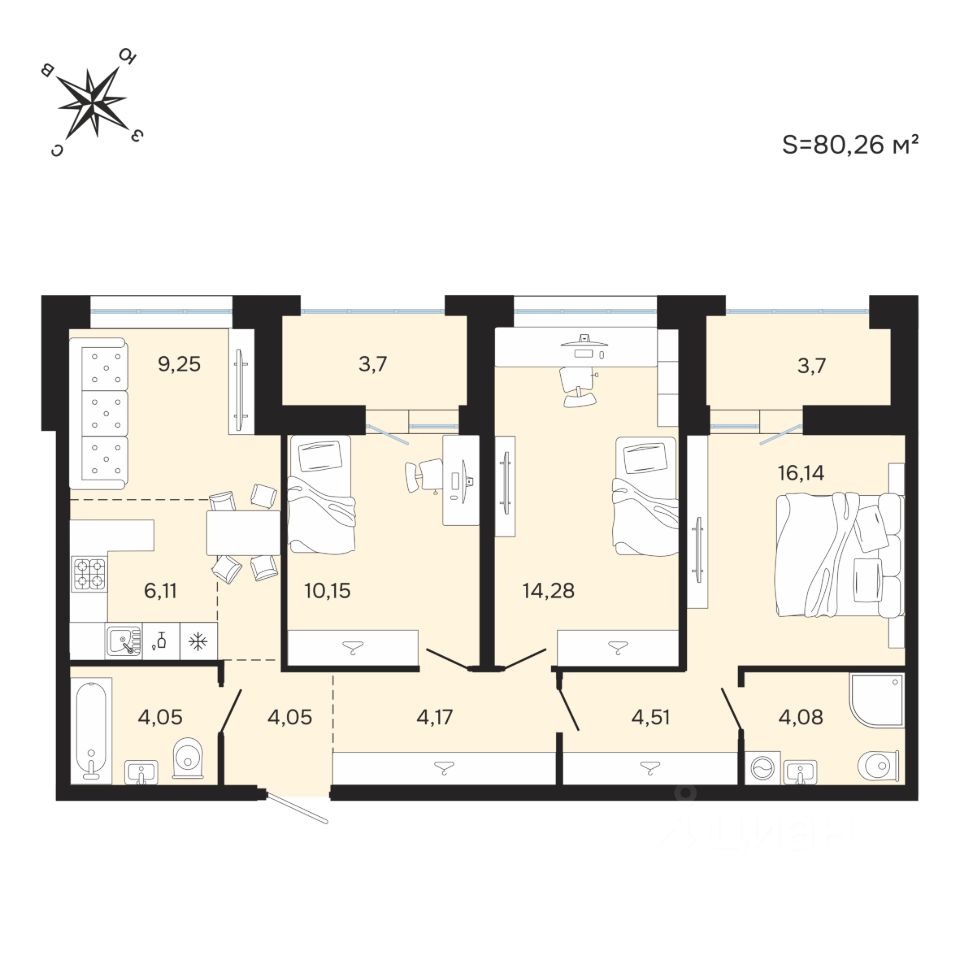 4-комн.кв., 80,3 м², 23/25 этаж