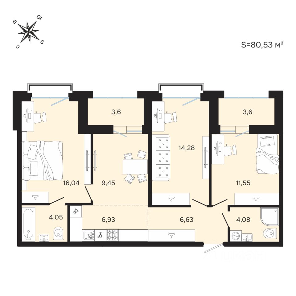 4-комн.кв., 80,5 м², 24/25 этаж