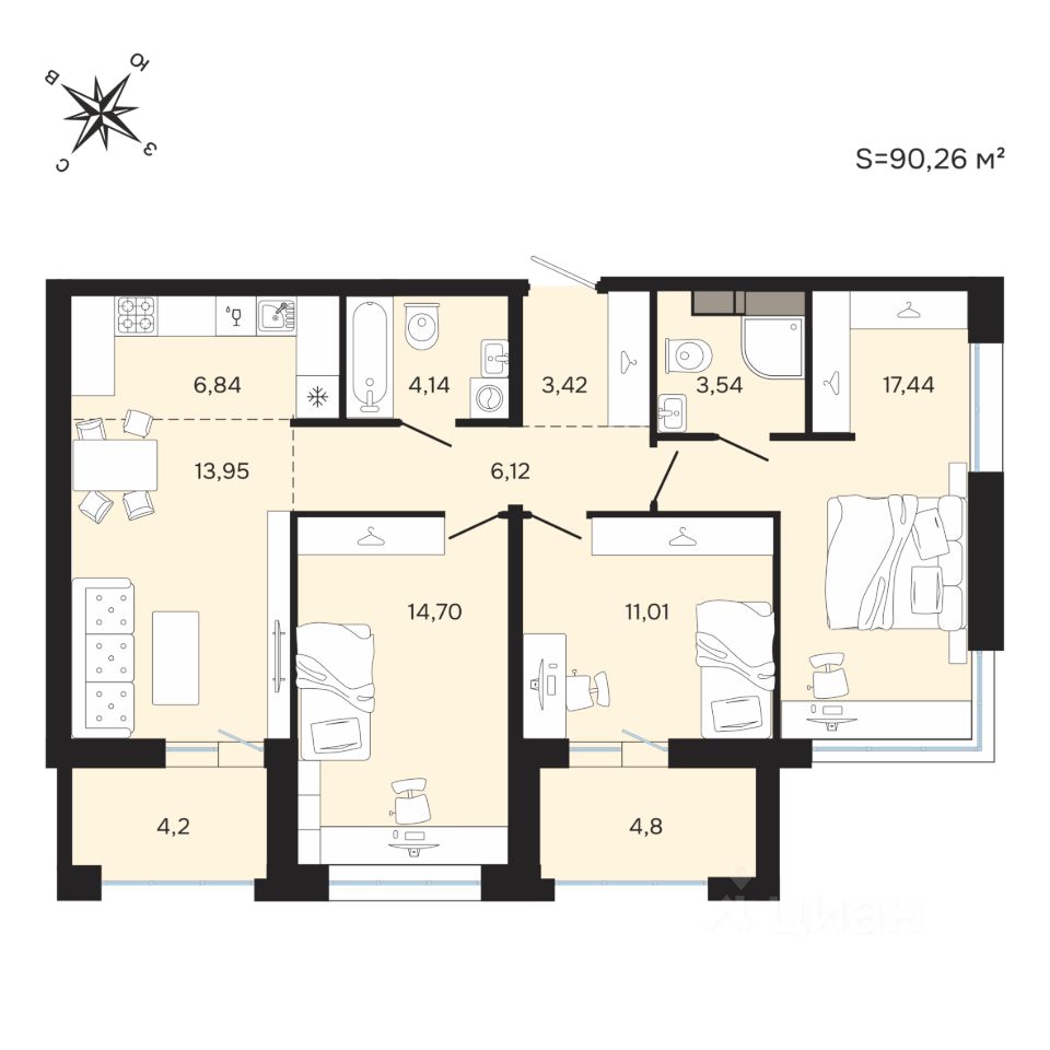 4-комн.кв., 90,3 м², 24/25 этаж