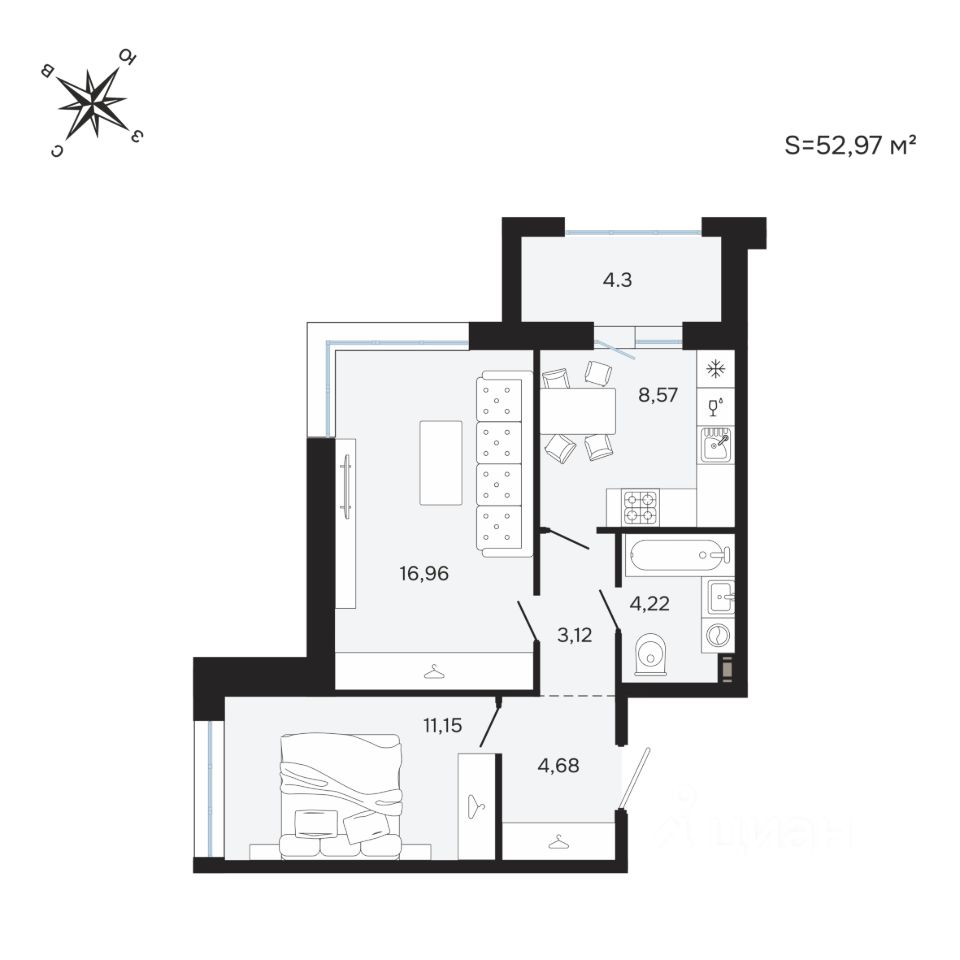 2-комн.кв., 53 м², 25/25 этаж