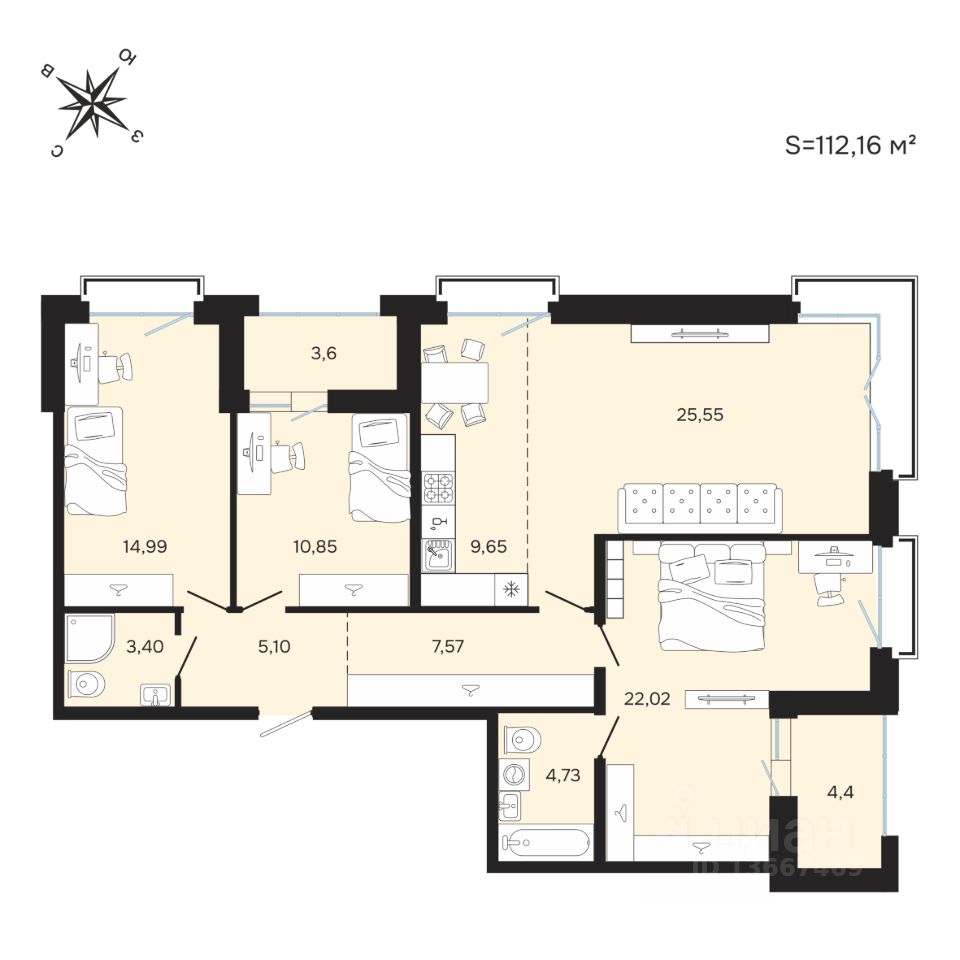 4-комн.кв., 112 м², 25/25 этаж