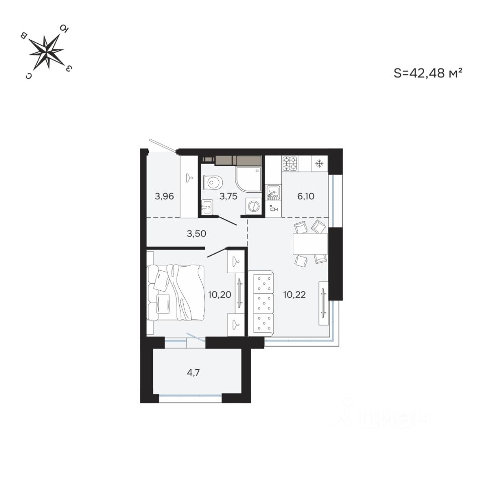 2-комн.кв., 42,5 м², 10/25 этаж