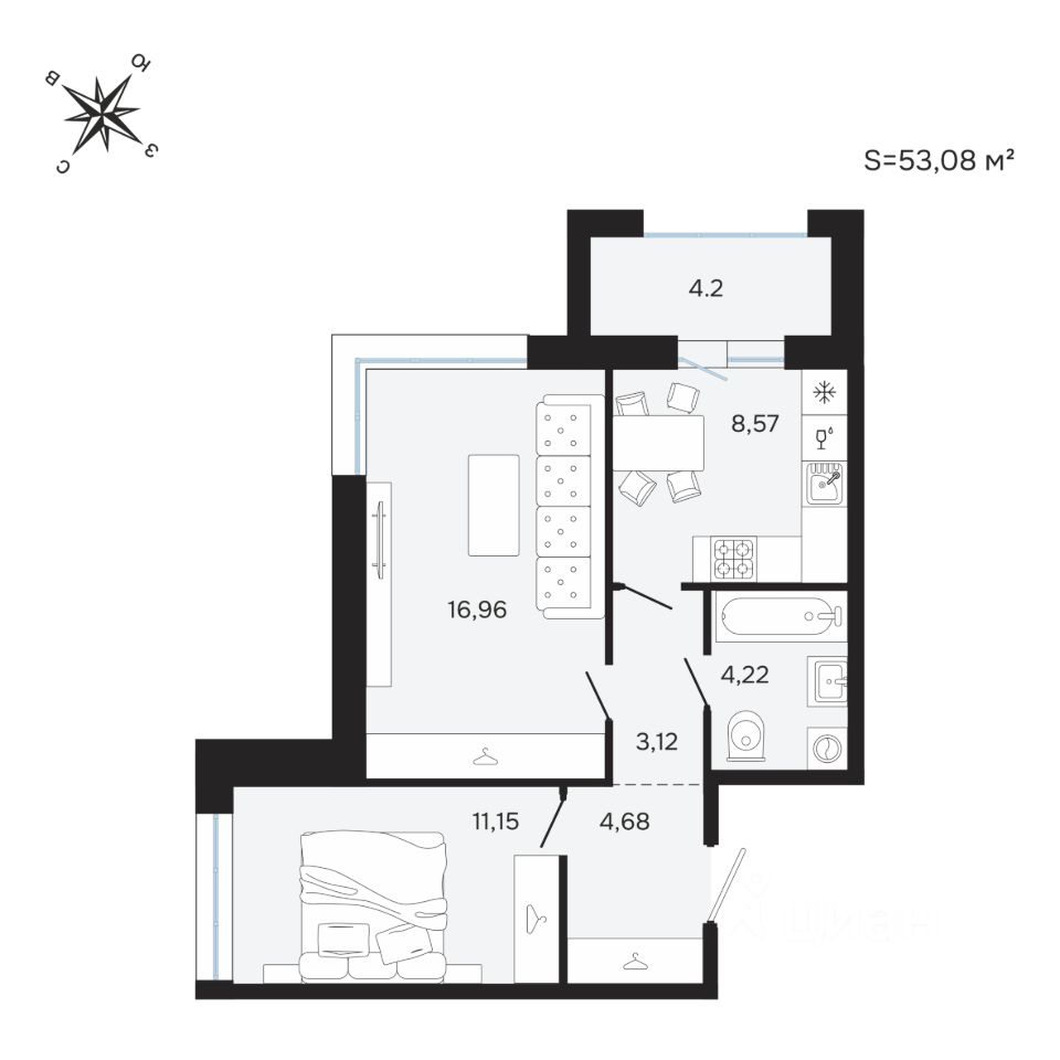 2-комн.кв., 53,1 м², 6/25 этаж