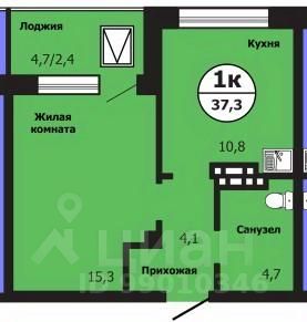 1-комн.кв., 37,2 м², 3/19 этаж