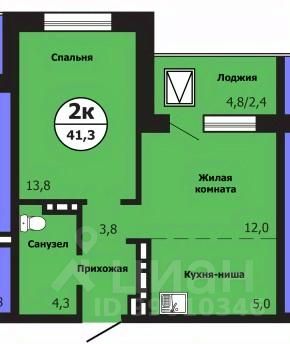 2-комн.кв., 41,2 м², 2/19 этаж