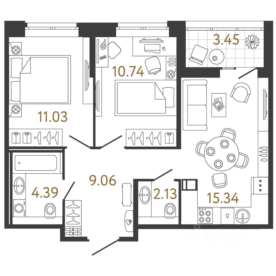 2-комн.кв., 52,7 м², 10/17 этаж