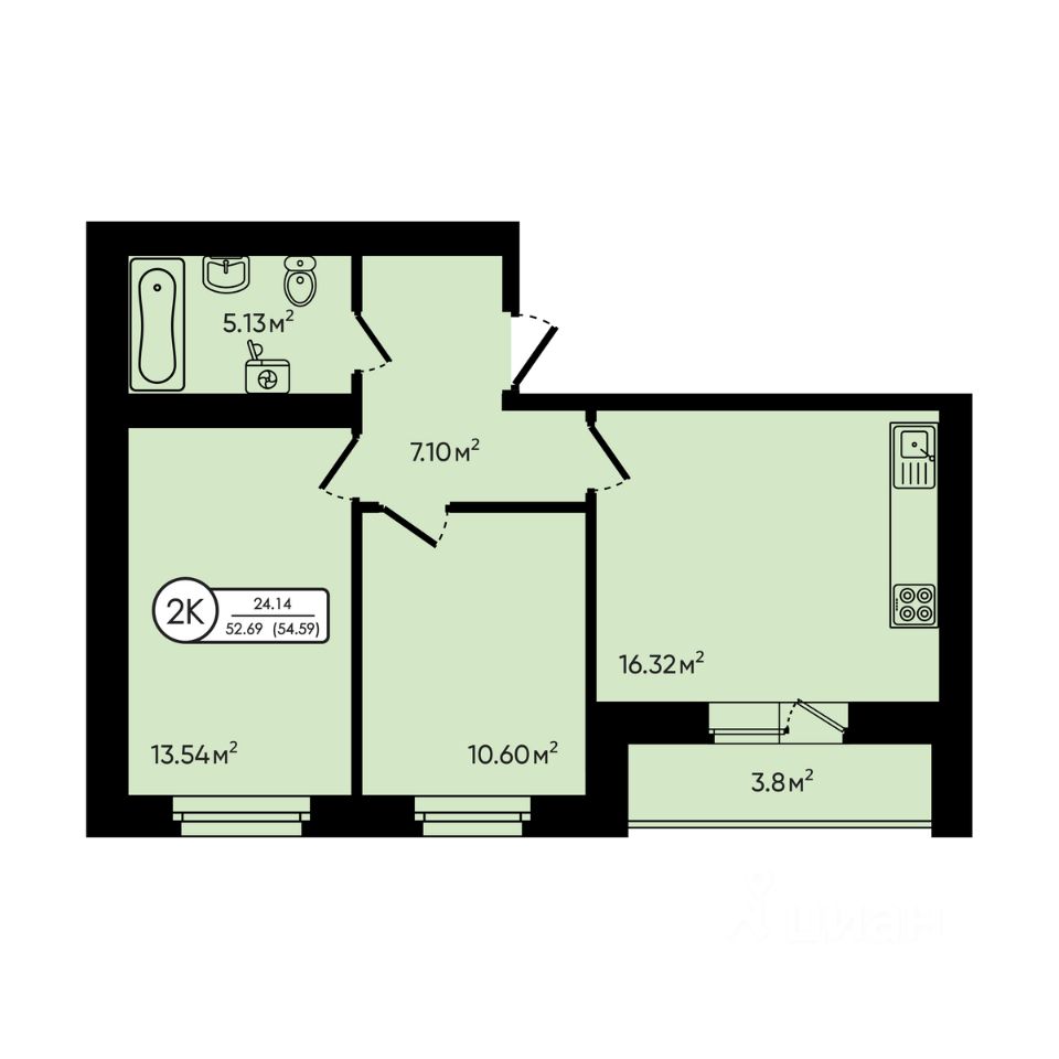 2-комн.кв., 54,6 м², 5/6 этаж