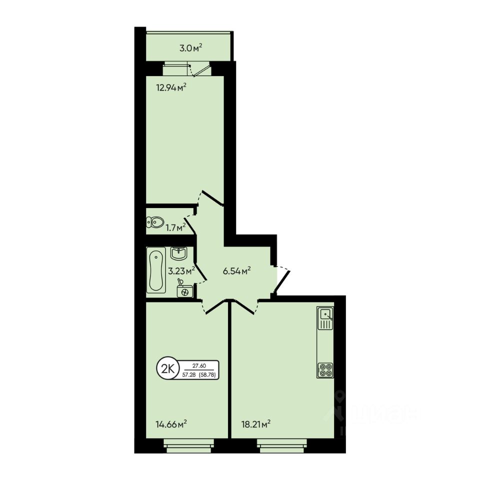 2-комн.кв., 58,8 м², 5/6 этаж