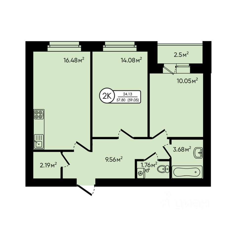 2-комн.кв., 59 м², 3/6 этаж