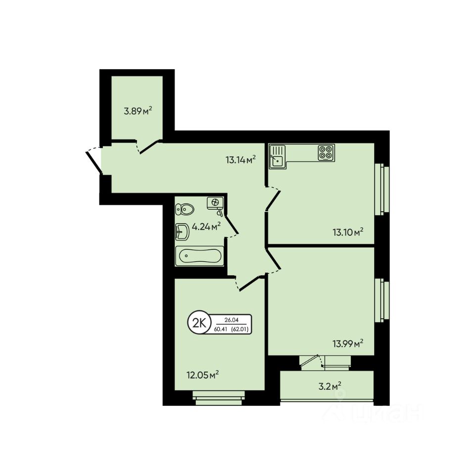 2-комн.кв., 62 м², 2/5 этаж