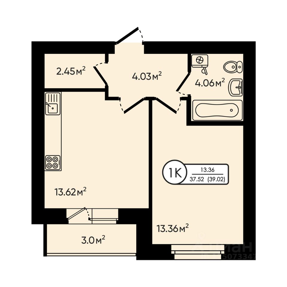 1-комн.кв., 39 м², 5/5 этаж