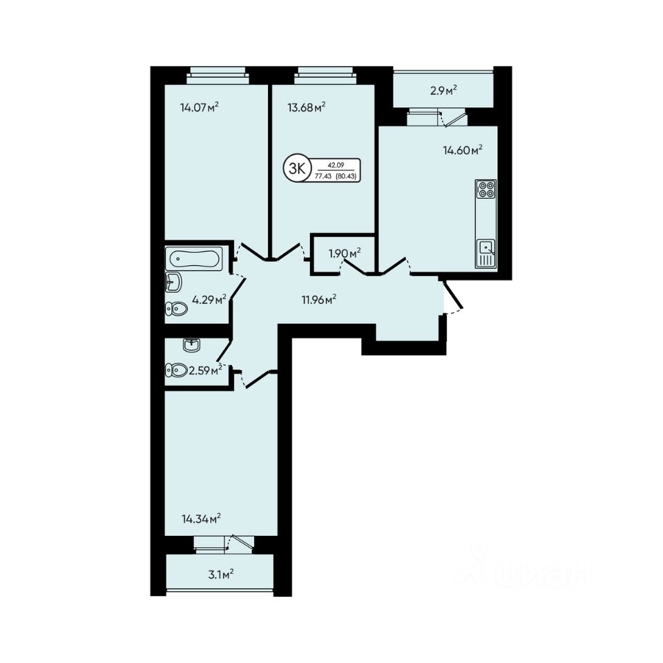 3-комн.кв., 80,4 м², 3/5 этаж