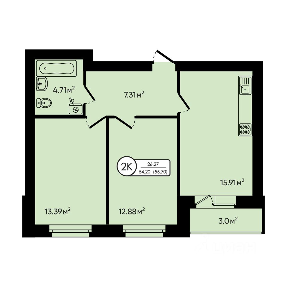 2-комн.кв., 55,7 м², 4/5 этаж