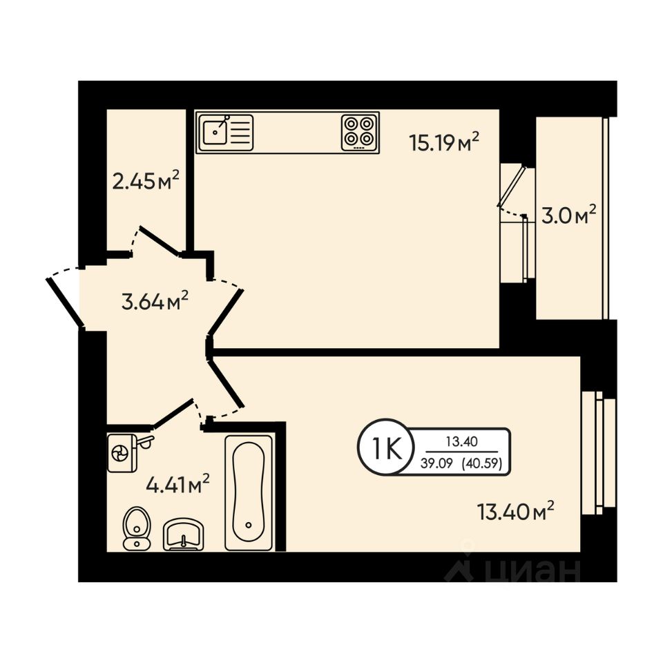 1-комн.кв., 40,6 м², 2/5 этаж