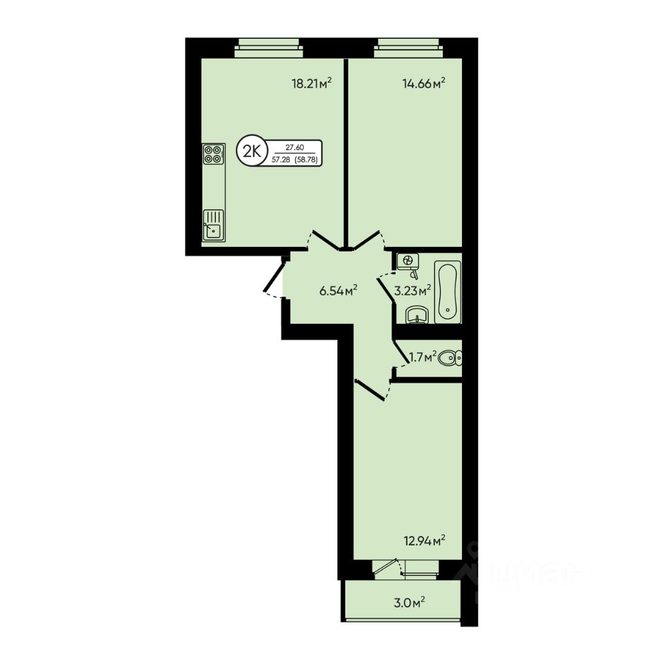 2-комн.кв., 58,8 м², 2/5 этаж