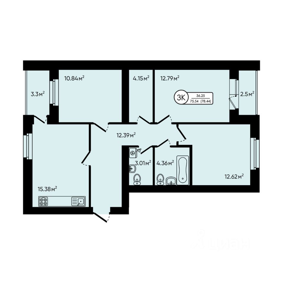 3-комн.кв., 78,4 м², 4/5 этаж