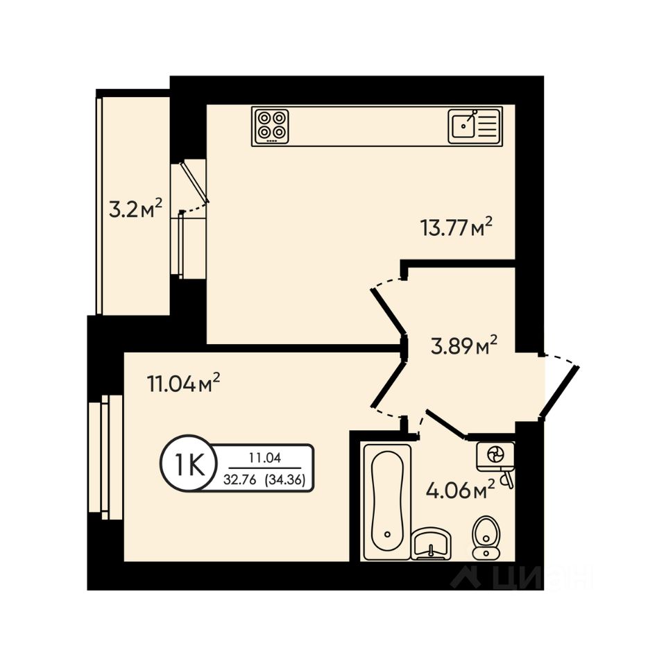1-комн.кв., 34,4 м², 2/5 этаж