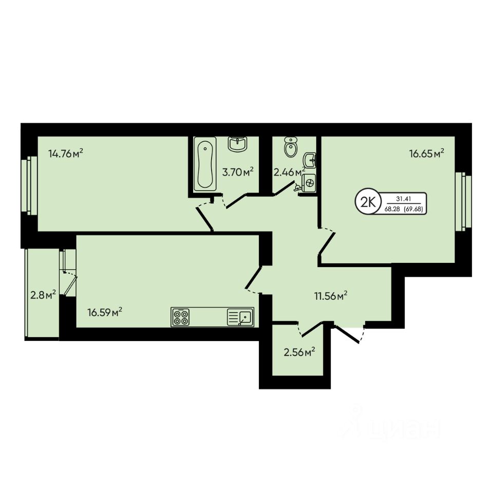 2-комн.кв., 69,7 м², 3/5 этаж