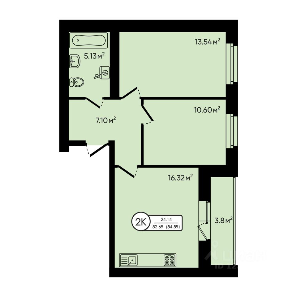 2-комн.кв., 54,6 м², 1/5 этаж