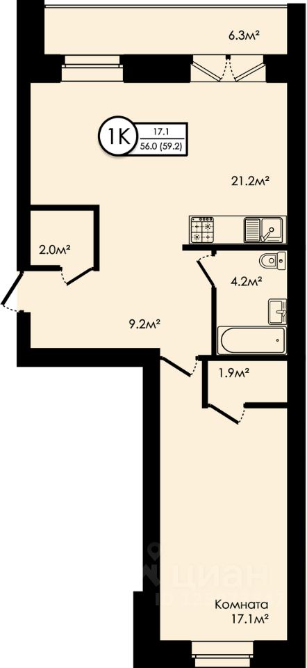 1-комн.кв., 59,2 м², 1/5 этаж