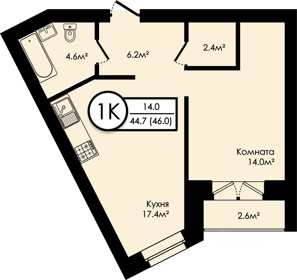 1-комн.кв., 46 м², 1/5 этаж