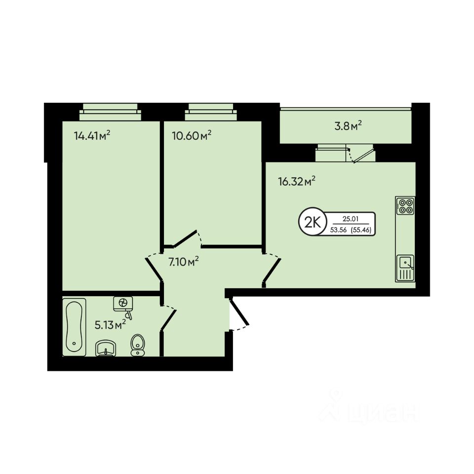 2-комн.кв., 55,5 м², 4/5 этаж