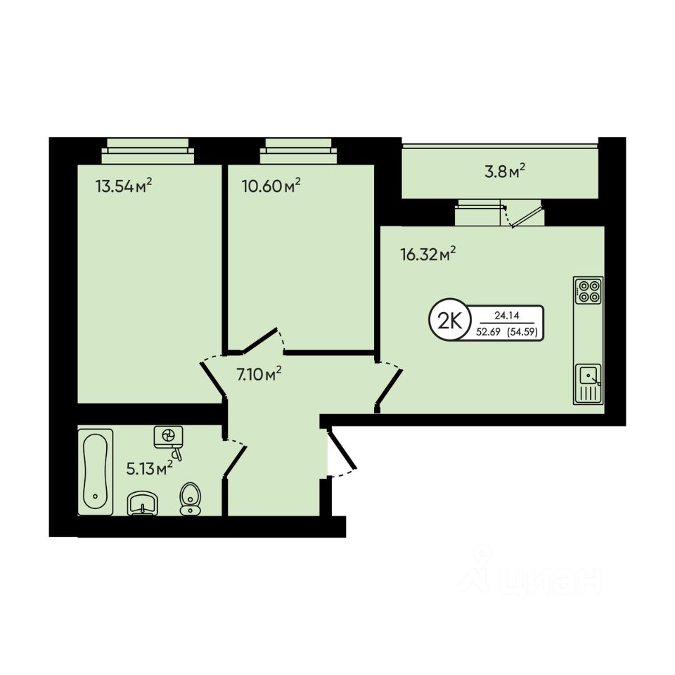 2-комн.кв., 54,6 м², 3/5 этаж