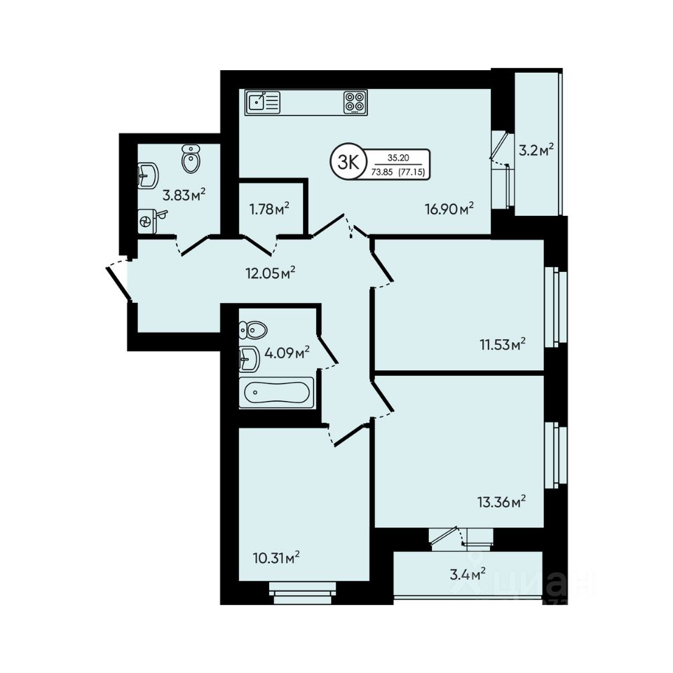 3-комн.кв., 77,2 м², 1/5 этаж