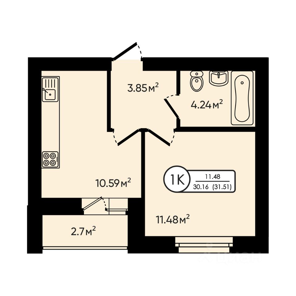 1-комн.кв., 31,5 м², 5/5 этаж