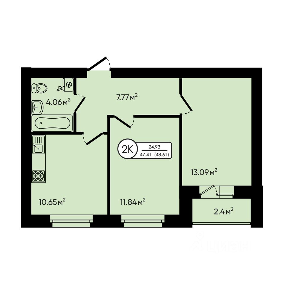2-комн.кв., 48,6 м², 2/5 этаж