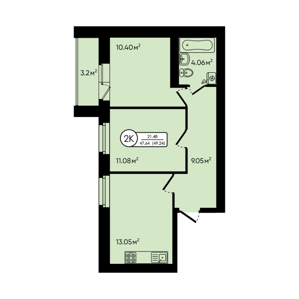 2-комн.кв., 49,2 м², 1/5 этаж