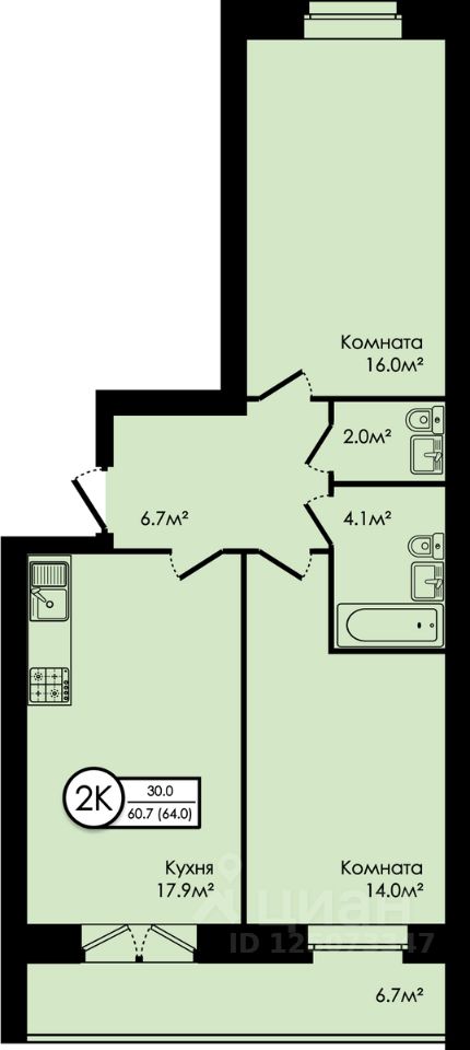 2-комн.кв., 64 м², 3/5 этаж