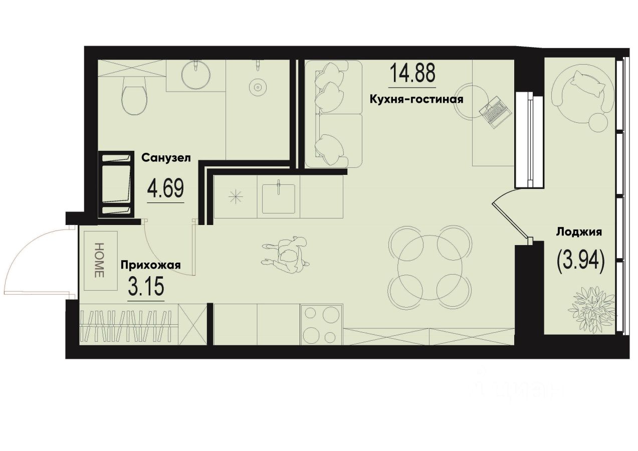 Студия, 24,7 м², 6/12 этаж