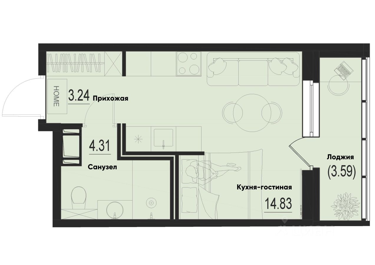 Студия, 24,2 м², 4/12 этаж