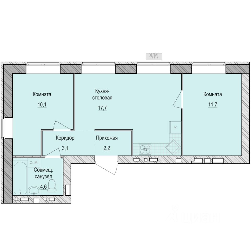 2-комн.кв., 49,4 м², 1/5 этаж