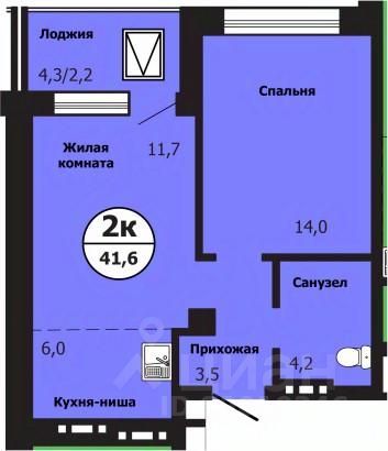 2-комн.кв., 41,8 м², 17/19 этаж