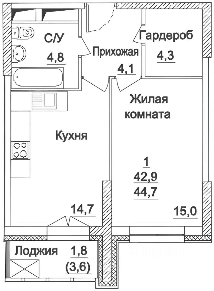 Планировка этой квартиры по данным Циан