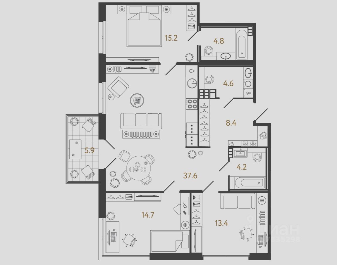 3-комн.кв., 102,9 м², 4/4 этаж