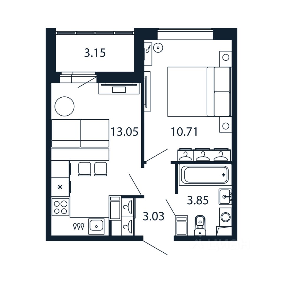 1-комн.кв., 30,5 м², 11/12 этаж