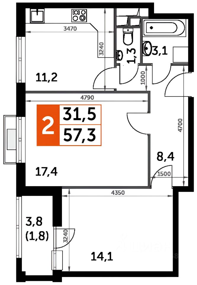 Планировка этой квартиры по данным Циан