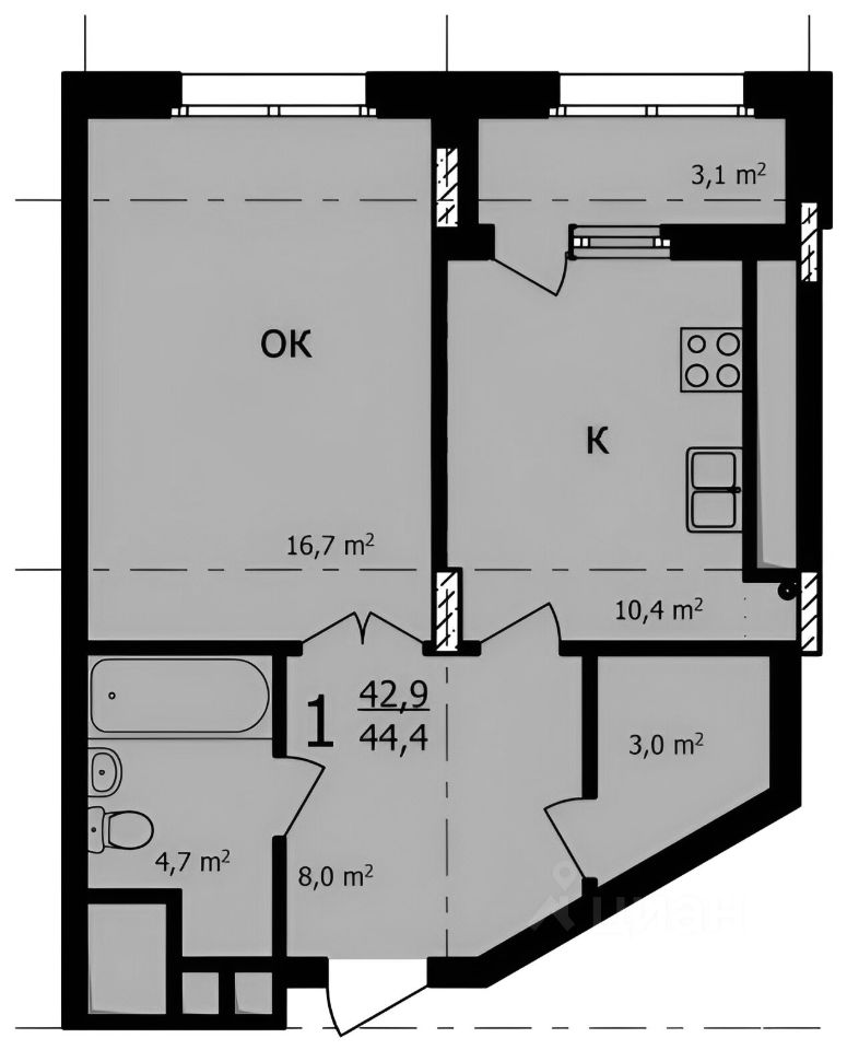 Планировка этой квартиры по данным Циан