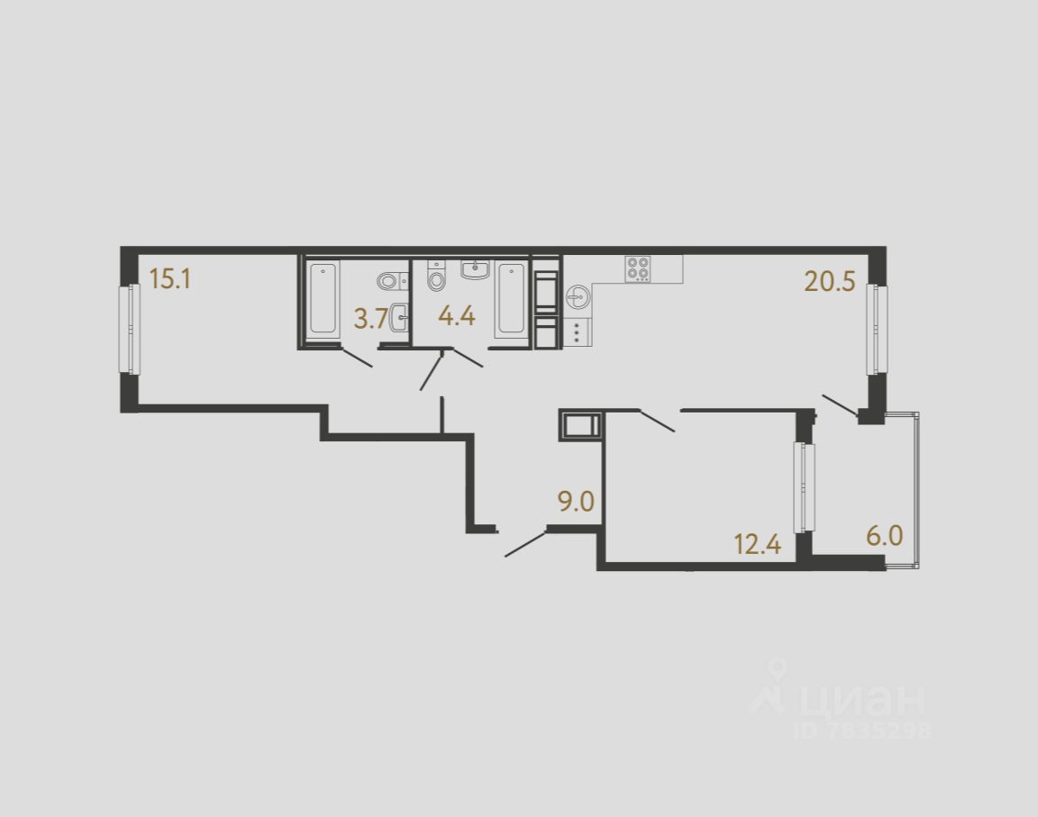 2-комн.кв., 65,1 м², 5/12 этаж
